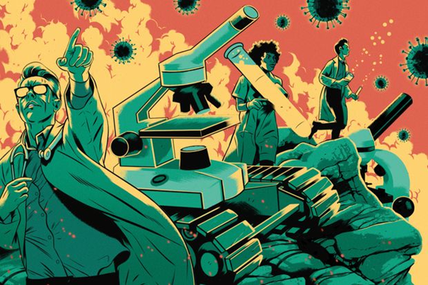 A colorized illustration of people fighting COVID-19 with military equipment.