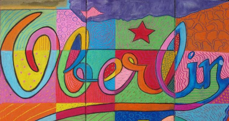 Colorful chalk drawing of the word "Oberlin"