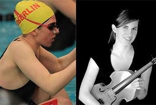 Two photos of Olivia, one in the pool and one with a violin.