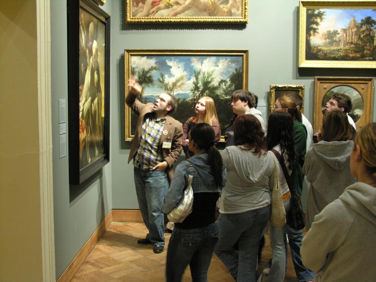 Students looking at art at the Allen