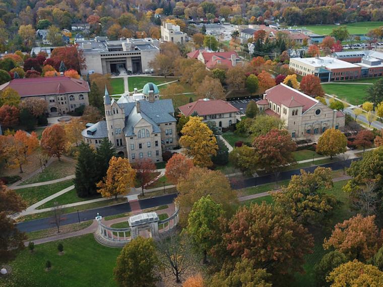 Aerial drone image of Oberlin campus