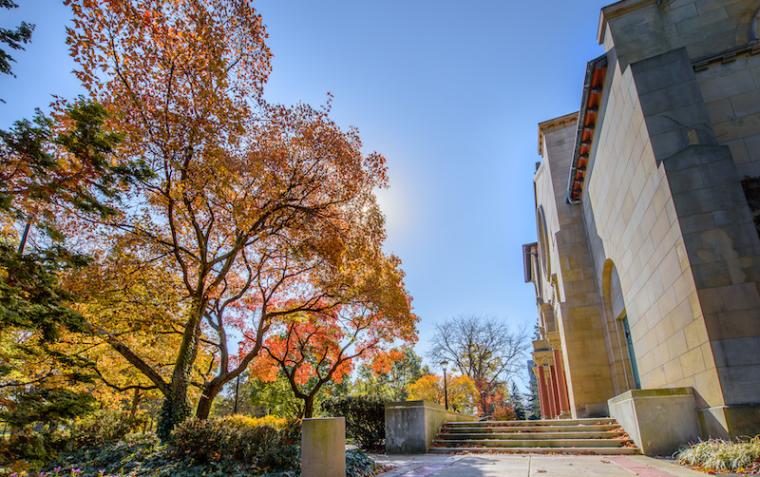 sunny fall day outside Finney Chapel.