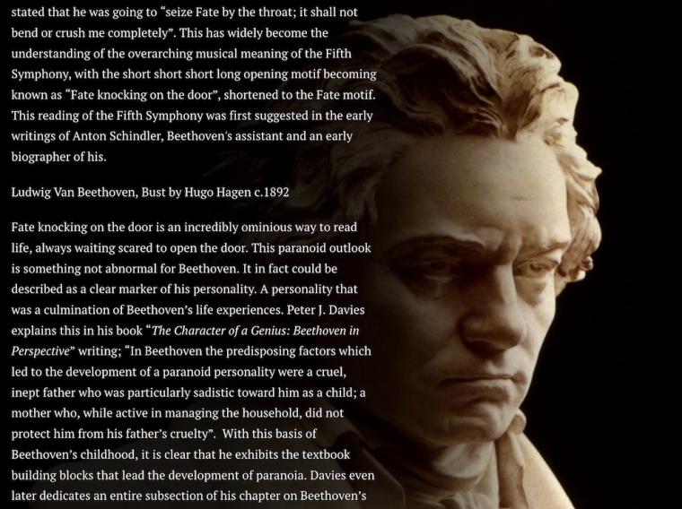 text overlaid next to a sculpture of Beethoven's head