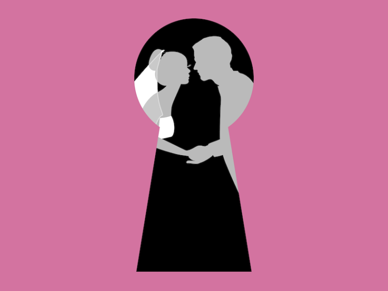 bride and groom viewed through a keyhole.