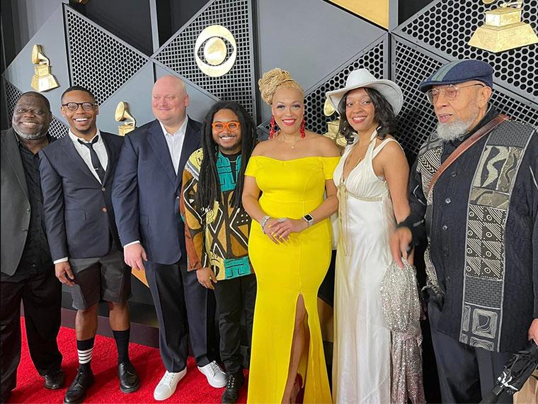 Oberlin horn professor and composer Jeff Scott and members of Imani Winds on the Grammys red carpet