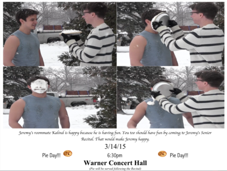 student throwing pie at face of another student.