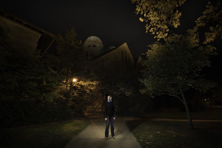 Jillian Scudder in front of Peters Hall