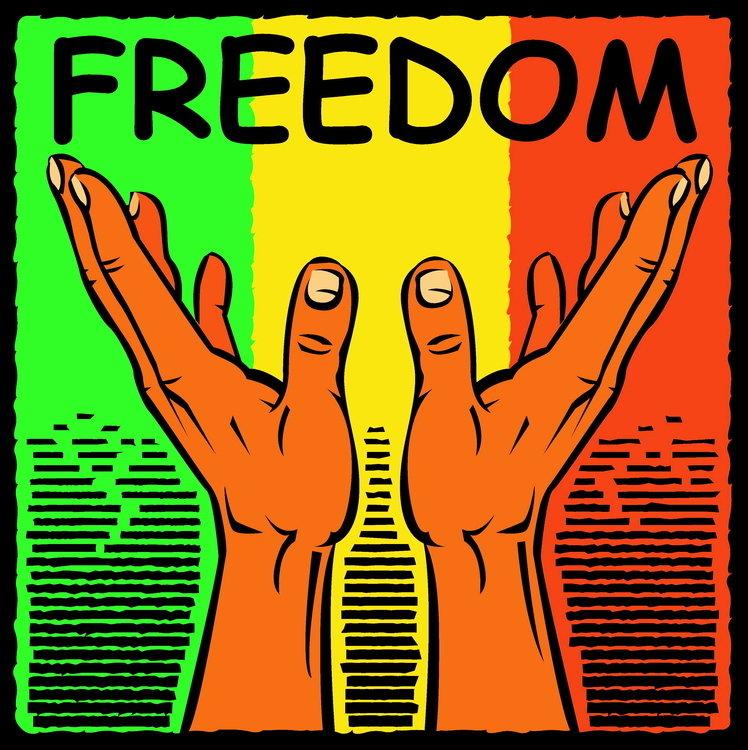 Graphic of hands reaching towards the word "freedom"
