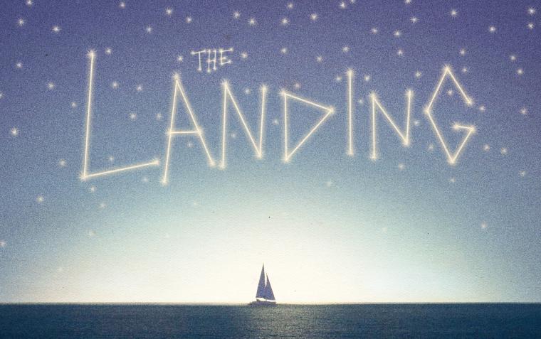 The Landing: title over a distant sailboat on calm water