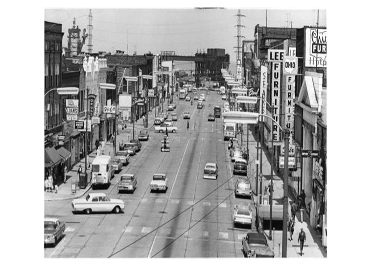 Black and white photograph of downtown Lorain, Ohio, taken in 1964.