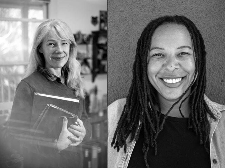 a smiling person on the left holds books and a smiling person on the right looks at the camera