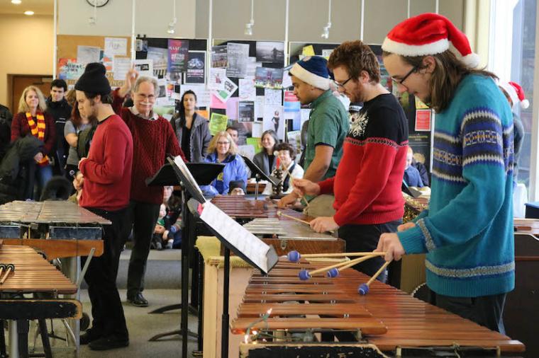 students perform in the Conservatory Lounge for Marimba Christmas