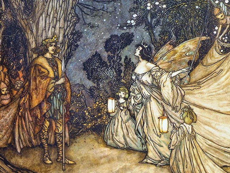 lovers meet in the woods accompanied by fairies and other creatures