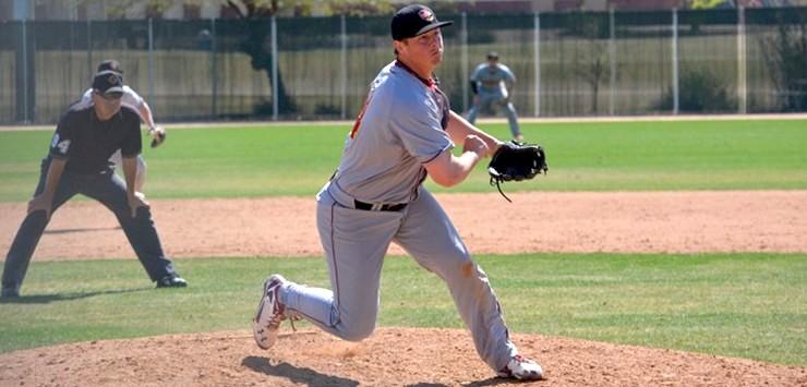 Mike Mcdonald throwing a pitch during an Oberlin baseball game 
