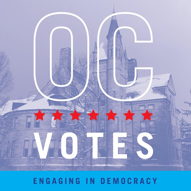 Graphic with text that reads OC Votes Engaging in Democracy.