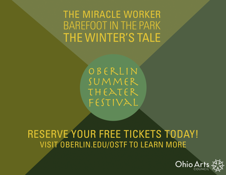 Oberlin Summer Theater Festival graphic lists The Miracle Worker, Barefoot in the Park, and The Winter's Tale.