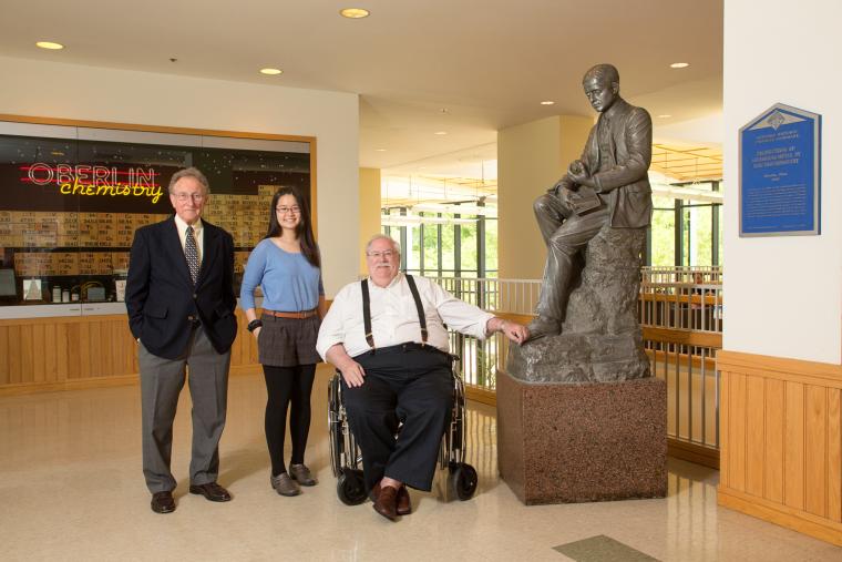 Emeritus Professor of Chemistry Norman Craig, Yihui Chen ’13, and former recipient David Evans ’63 in the Science Center 