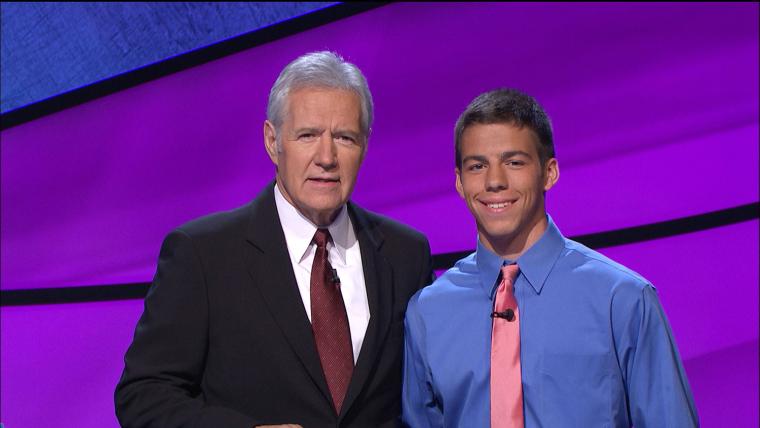 Alex Trebek and Sam Bernhard on the set of Jeopardy.