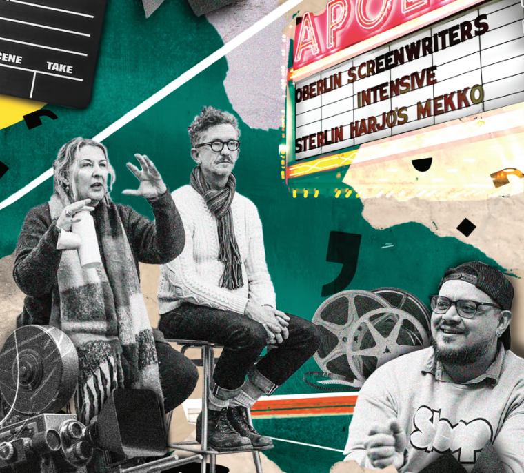 Collage of photos and graphic designs representing the Oberlin Screenwriters Intensive