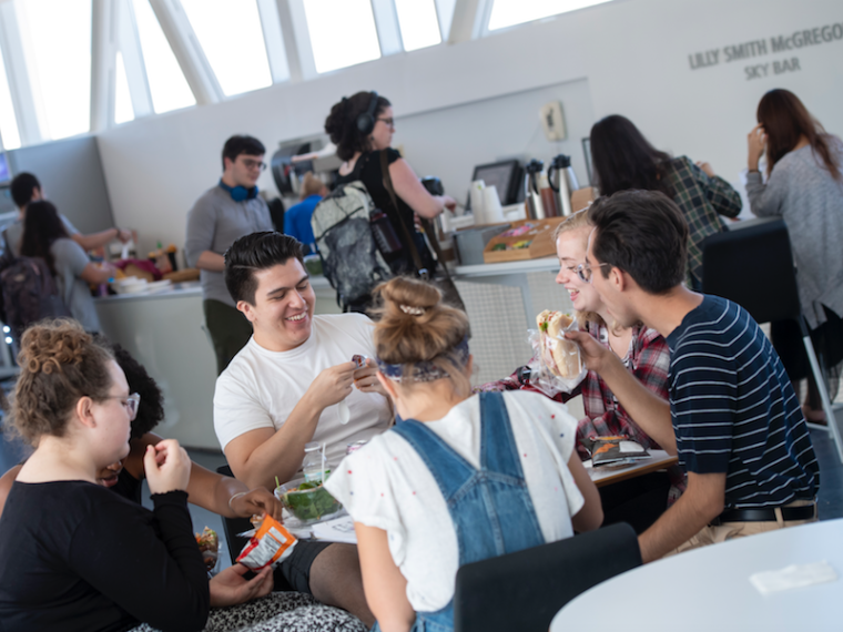 students enjoying lunch on campus in the SkyBar