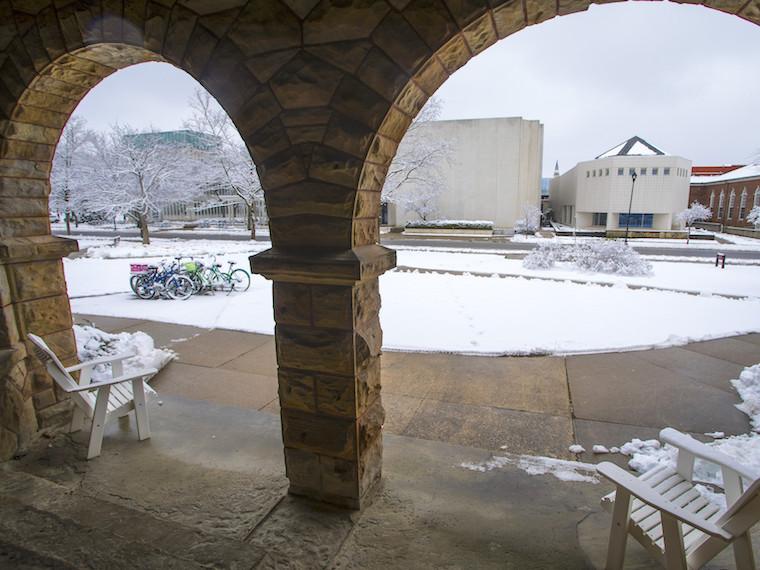 A view from a snow pillar porch.