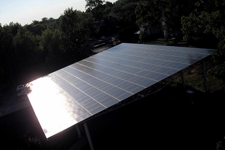 Solar panel reflecting sunlight