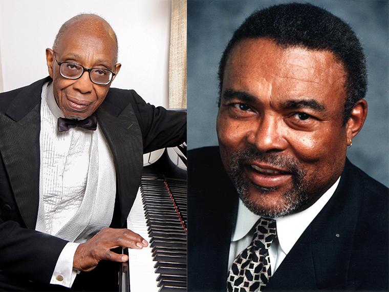 side-by-side portraits of George Walker, sitting at the piano, and Wendell Logan