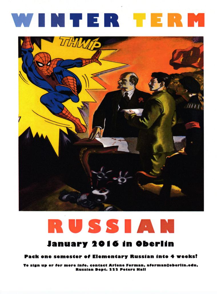Comics panel showing Spiderman jumping into the bad guys' lair where Lenin and other revolutionaries are making plans.. Title: Winter Term Russian, January 2016 in Oberlin.