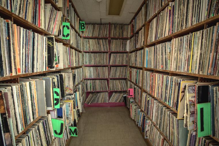 Shelves crammed with LP records