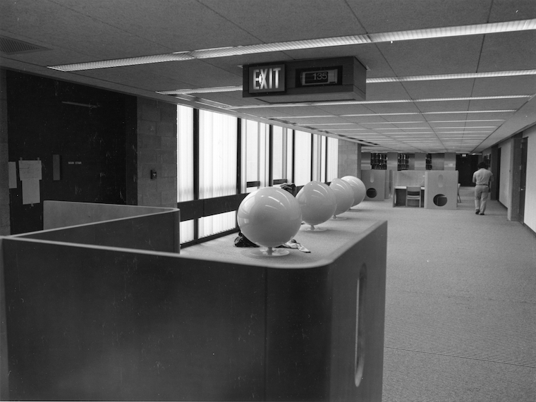 ball chairs in Oberlin College Main Library in 1974.