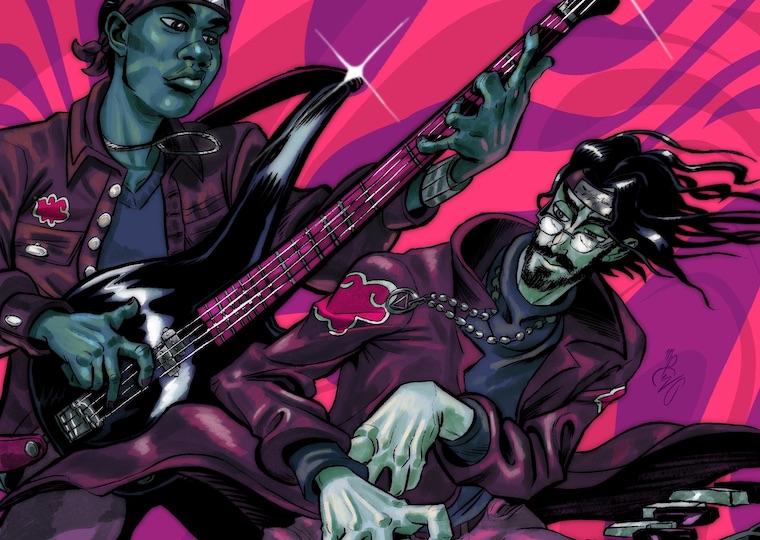 A drawing of two musicians one playing a guitar the other playing a keyboard