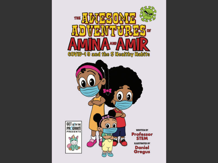 book cover art with three children wearing face masks.