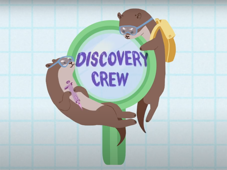 Two cartoon otters holding a magnifying glass.