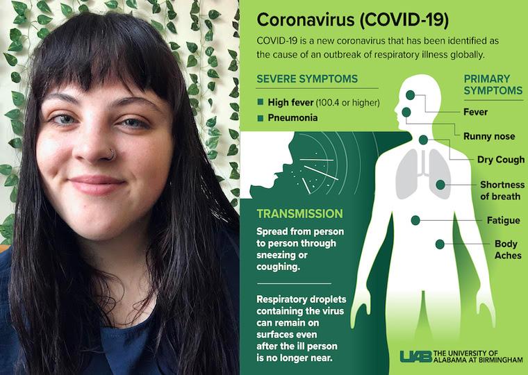 A portrait of a girl next to a poster of a figure with COVID-19 symptoms