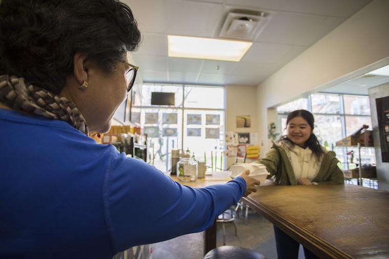 Two women in a restaurant.