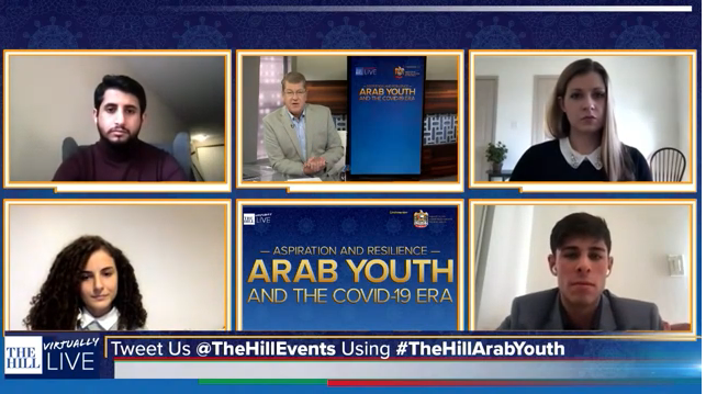 Screen capture of an online panel discussion with text that reads Arab Youth and the COVID-19 Era.