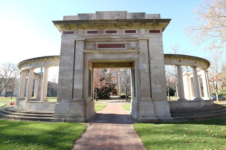 A stone memorial in the center of campus.