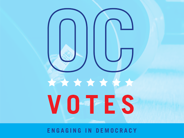 Graphic with text that reads OC Votes Engaging in Democracy.