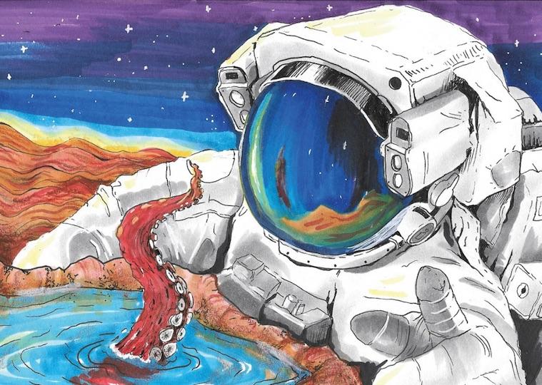 A drawing of a man in a space suite looking into a moon crater with a tentacle sticking out.