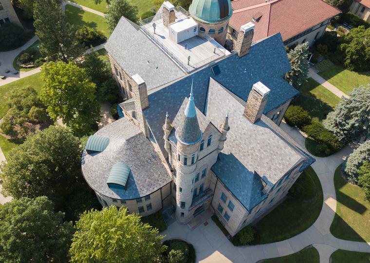 An aerial picture of Peters Hall.