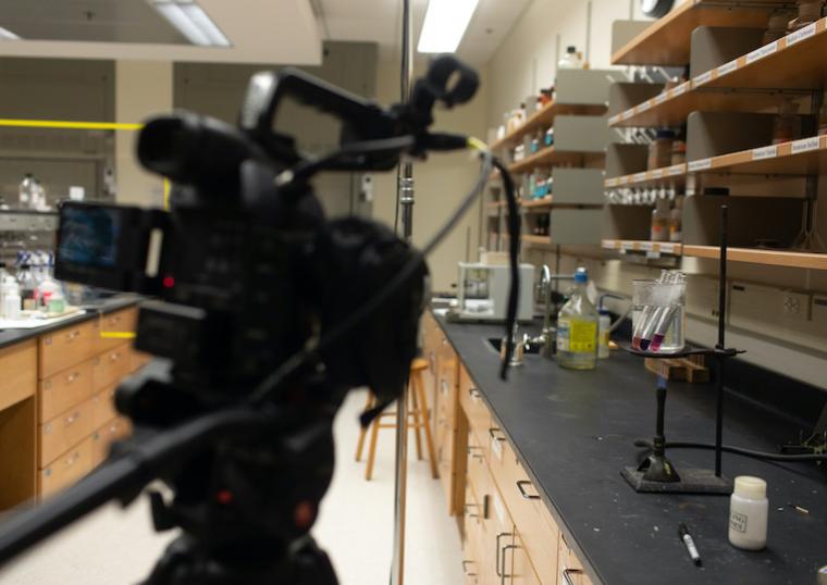 A camera is pointed at a lab experiment.