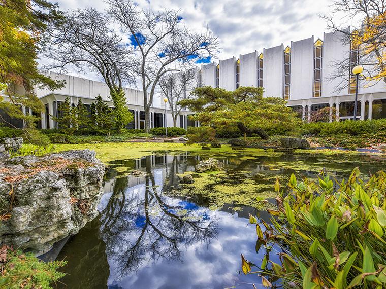The reflecting pool outside of Warner Concert Hall.