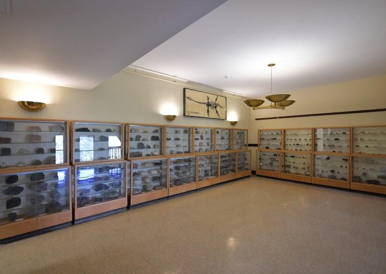 Display cases in a geology department