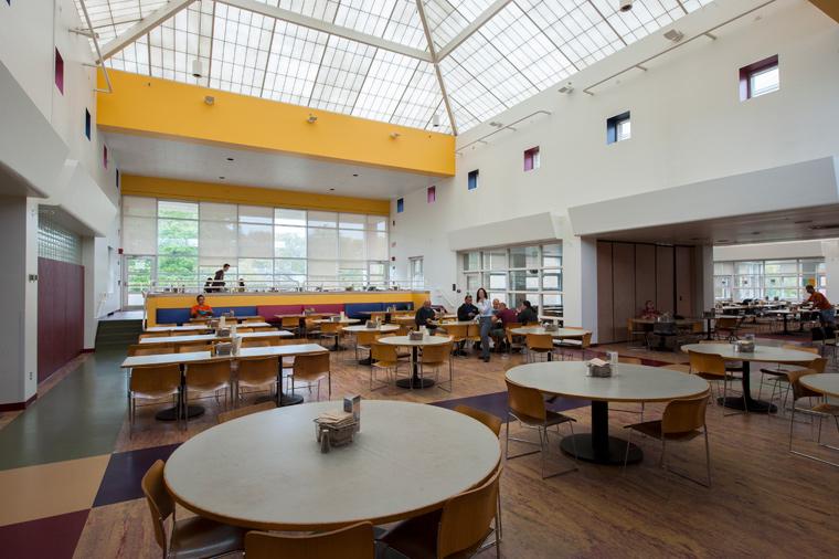 Interior of a dining hall with round tables and a skylight