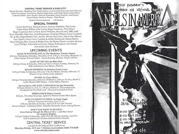 Front and back covers of the program for Angels in America Part One: Millennium Approaches, by Tony Kushner, Directed by Jane Armitage, Dec 7-9, 2001