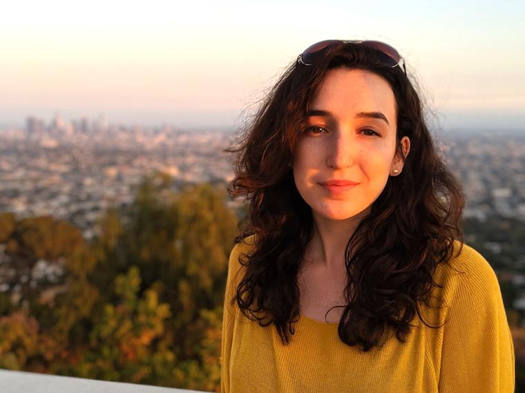 student Charlotte Maskelony with the Los Angeles skyline