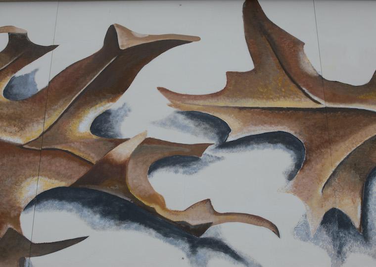 A mural of two large fall oak leaves.