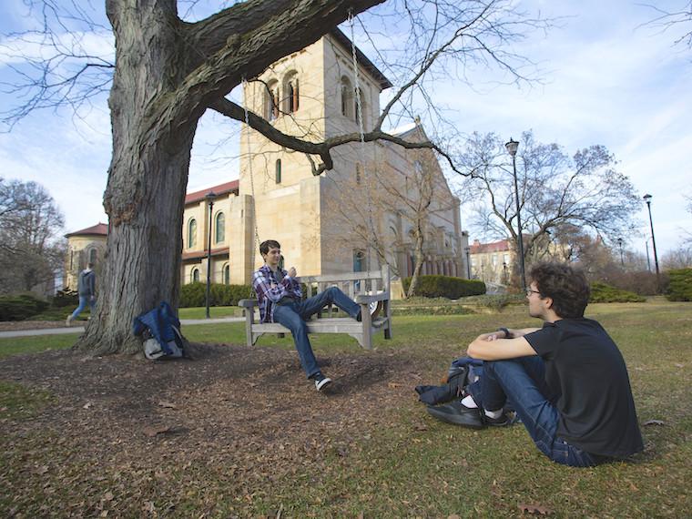 One student sits on the grass and another student sits on a swing.