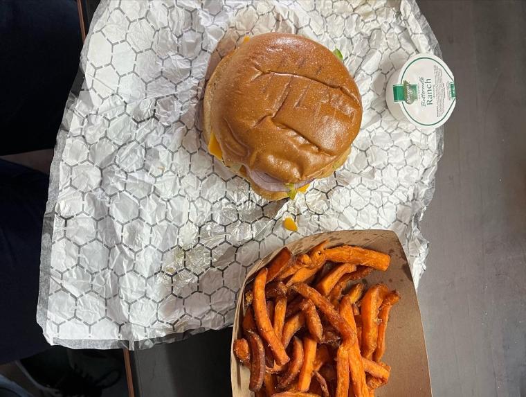 A hamburger and sweet potato fries from the Rathskeller grill.