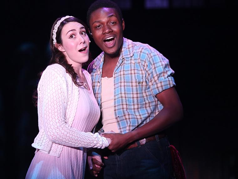Marina Wright as Hope Cladwell, Nasir Butler as Bobby Strong in Urinetown: The Musical, by Greg Kotis, Music by Mark Hollmann, Lyrics by Mark Hollmann and Greg Kotis, Directed by Matt Wright, Dec 5-8, 2019